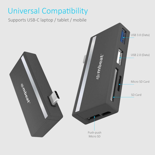 mbeat Essential 5-In-1 USB- C Hub ( USB hub 2.0, 3.0, SD/TF card reader ).