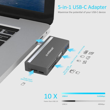 mbeat Essential 5-In-1 USB- C Hub ( USB hub 2.0, 3.0, SD/TF card reader ).
