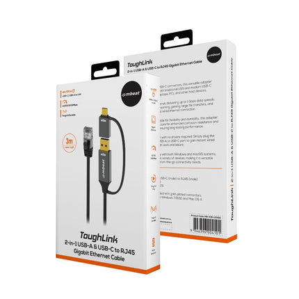 mbeat Tough Link 3m USB & USB-C to RJ45 Ethernet Cable - Space Grey.