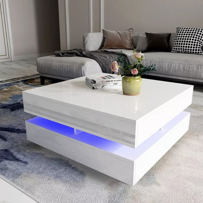 Modern Large High Gloss Coffee Table With LED Lights White.
