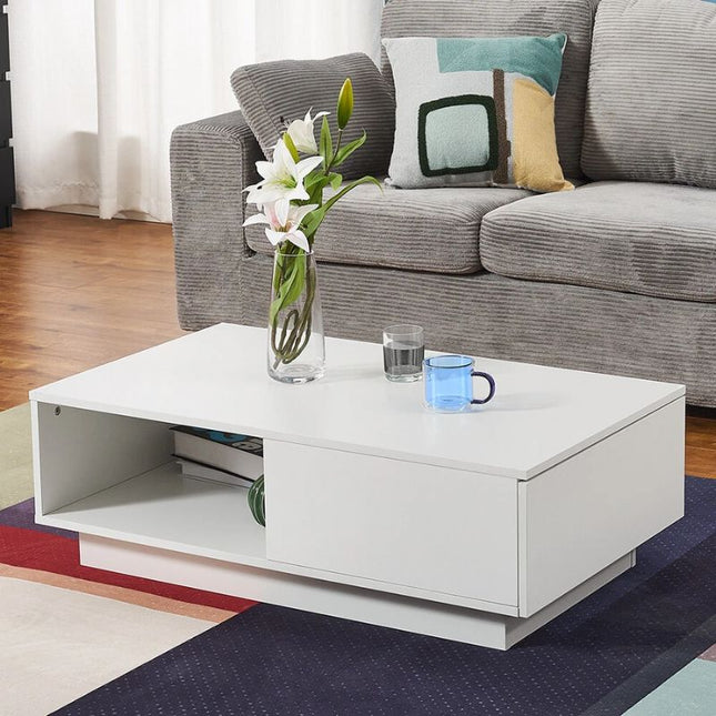 LED High Gloss Top White Coffee Table With Single Drawer.