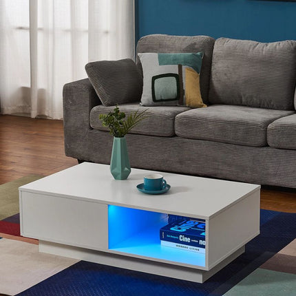 LED High Gloss Top White Coffee Table With Single Drawer.