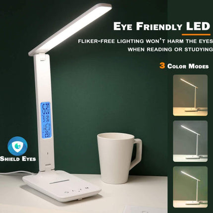 LED Desk Lamp with Fast Wireless Charger Clock Alarm Date Temperature.