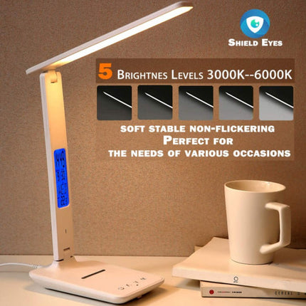 LED Desk Lamp with Fast Wireless Charger Clock Alarm Date Temperature.