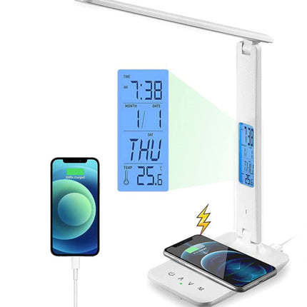 LED Desk Lamp with Fast Wireless Charger Clock Alarm Date Temperature.