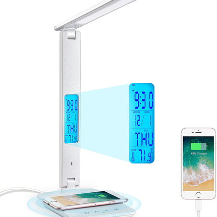 LED Desk Lamp with Fast Wireless Charger Clock Alarm Date Temperature.