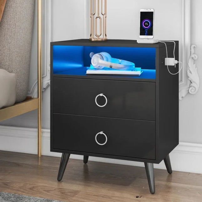 Amelia Modern LED Bedside table with USB and power socket Black.
