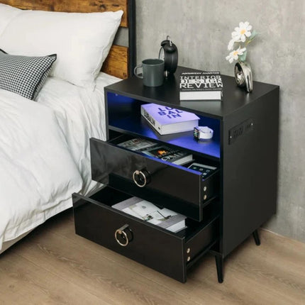 Amelia Modern LED Bedside table with USB and power socket Black.
