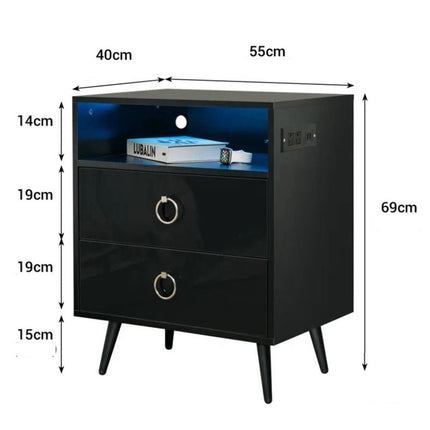 Amelia Modern LED Bedside table with USB and power socket Black.