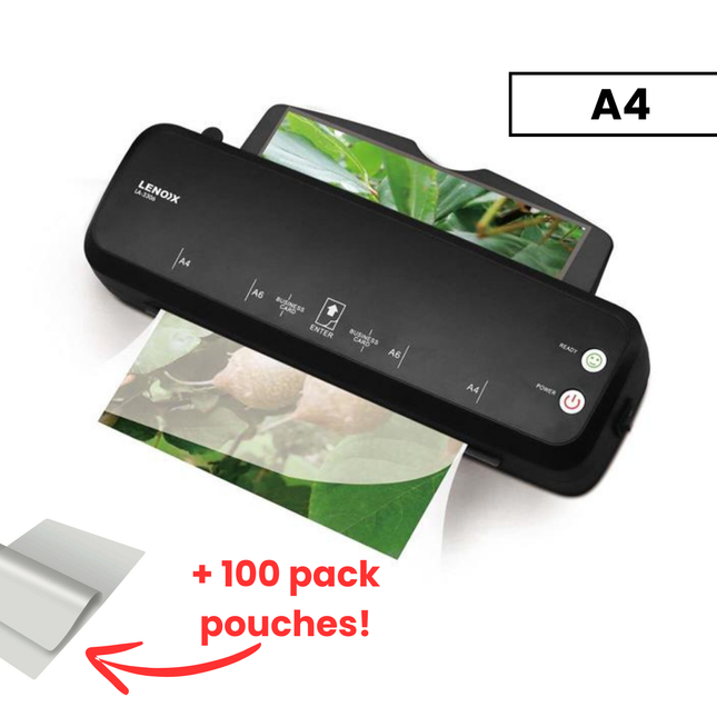Hot Paper Laminator 300W for 80-100 Microns with 100 A4 Laminating Pouches.
