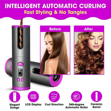 Cordless Ceramic Automatic Hair Curler for Portable Hair Styling.