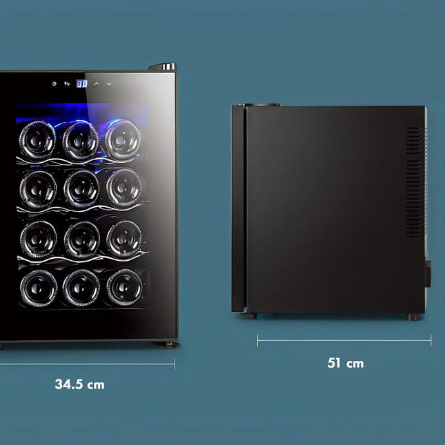 12 Bottle Thermoelectric Wine Fridge, 65W, UV Protected Glass Door, Soft LED Illumination.