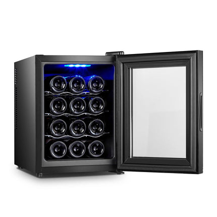 12 Bottle Thermoelectric Wine Fridge, 65W, UV Protected Glass Door, Soft LED Illumination.
