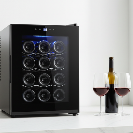 12 Bottle Thermoelectric Wine Fridge, 65W, UV Protected Glass Door, Soft LED Illumination.