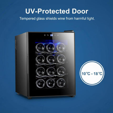 12 Bottle Thermoelectric Wine Fridge, 65W, UV Protected Glass Door, Soft LED Illumination.
