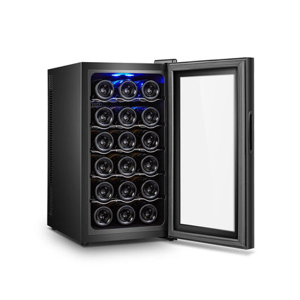 18 Bottle Thermoelectric Wine Fridge, 130W, UV Protected Glass Door, Soft LED Illumination.