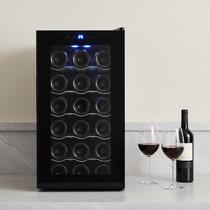 18 Bottle Thermoelectric Wine Fridge, 130W, UV Protected Glass Door, Soft LED Illumination.