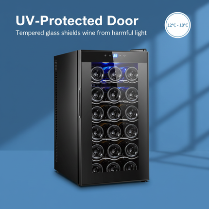 18 Bottle Thermoelectric Wine Fridge, 130W, UV Protected Glass Door, Soft LED Illumination.