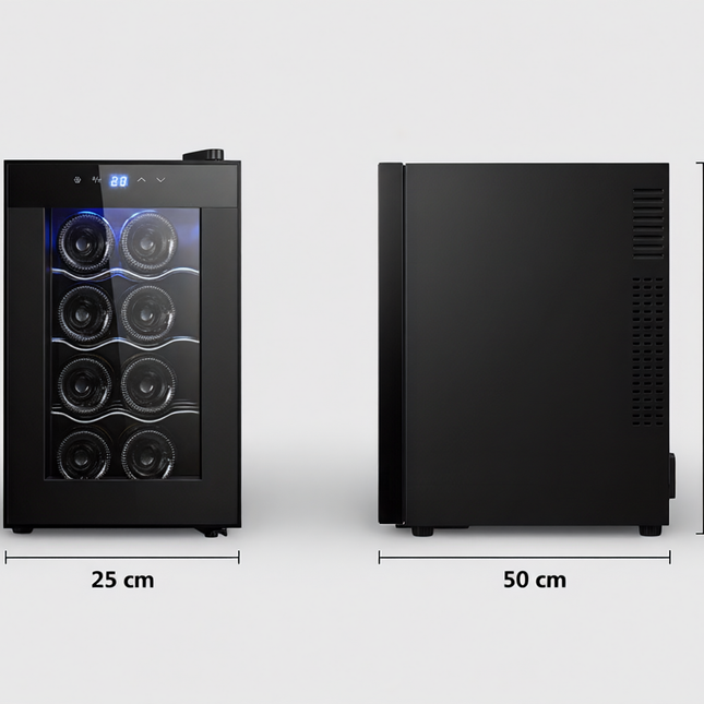 8 Bottle Thermoelectric Wine Fridge, 65W, UV Protected Glass Door, Soft LED Illumination.