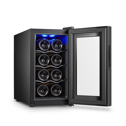 8 Bottle Thermoelectric Wine Fridge, 65W, UV Protected Glass Door, Soft LED Illumination.