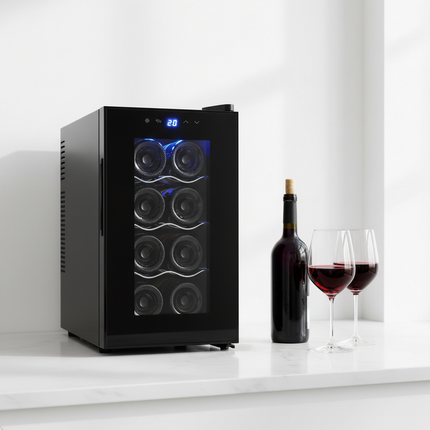 8 Bottle Thermoelectric Wine Fridge, 65W, UV Protected Glass Door, Soft LED Illumination.