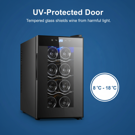 8 Bottle Thermoelectric Wine Fridge, 65W, UV Protected Glass Door, Soft LED Illumination.