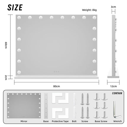 LED Beauty Mirror with 18 Bulbs, Colour Settings, USB A and USB C, White, 80 x 62cm.