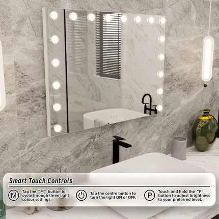 LED Beauty Mirror with 18 Bulbs, Colour Settings, USB A and USB C, White, 80 x 62cm.