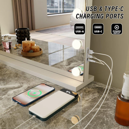 LED Beauty Mirror with 18 Bulbs, Colour Settings, USB A and USB C, White, 80 x 62cm.