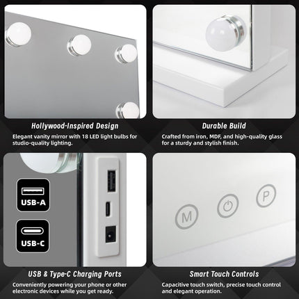 LED Beauty Mirror with 18 Bulbs, Colour Settings, USB A and USB C, White, 80 x 62cm.