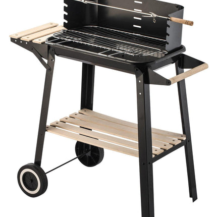 Charcoal Grill BBQ with Manual Rotisserie Stick on Trolley Stand.