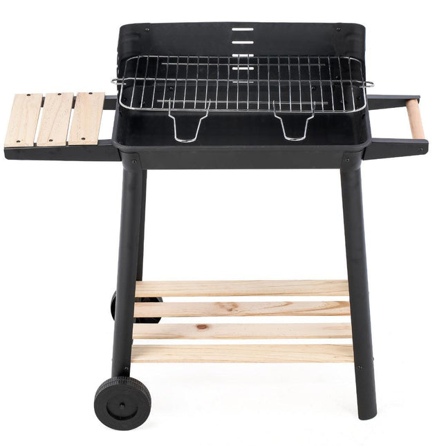 Charcoal Grill BBQ with Manual Rotisserie Stick on Trolley Stand.