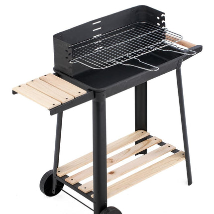 Charcoal Grill BBQ with Manual Rotisserie Stick on Trolley Stand.