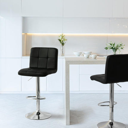 2 Tall Back Paddled Leather Barstools (Black), 90-110cm.