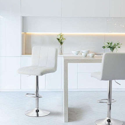 2 Tall Back Paddled Leather Barstools (White), 90-110cm.