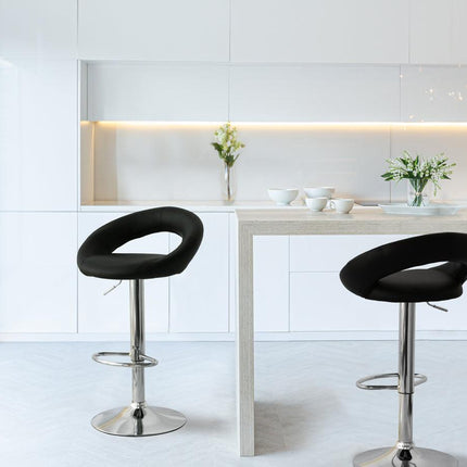 2 Curve Leather Barstools (Black) w/ Adjustable Height, 78-99cm.