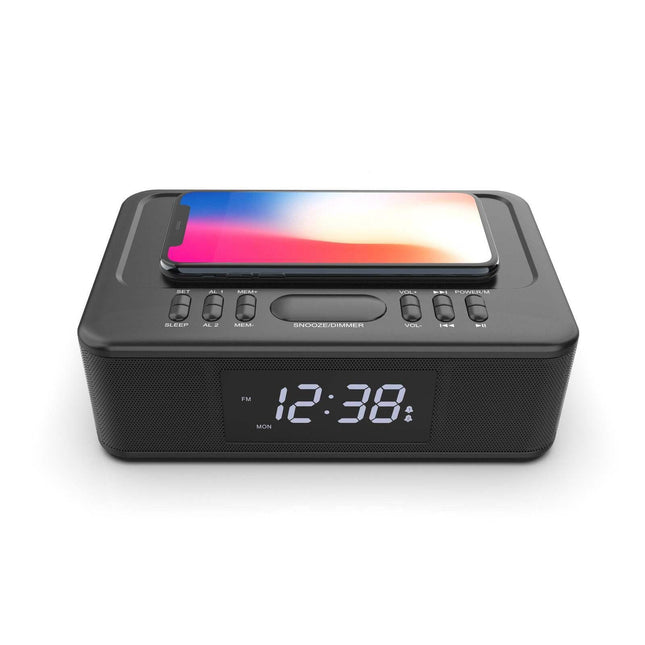 2in1 10W Wireless Fast Charging Wireless Streaming/FM Radio Alarm Clock w/ USB/AUX.