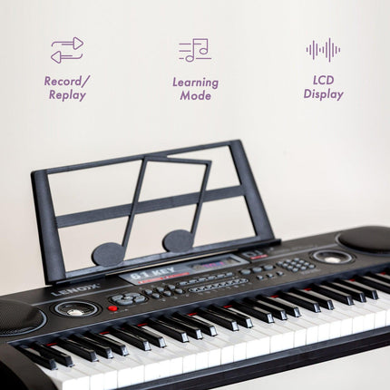 61-Key Electronic Learning Piano Keyboard, Light-Up Keys, LCD Display, with Music Stand Holder.