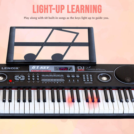 61-Key Electronic Learning Piano Keyboard, Light-Up Keys, LCD Display, with Music Stand Holder.