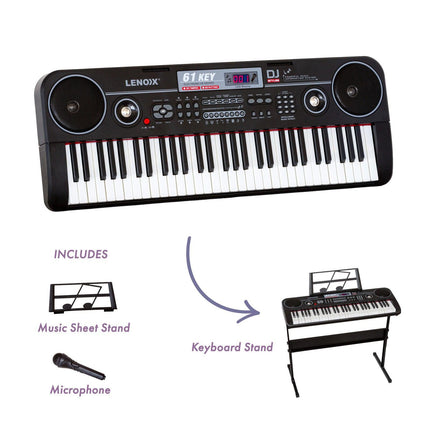 61-Key Electronic Learning Piano Keyboard, Light-Up Keys, LCD Display, with Music Stand Holder.