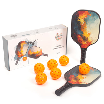 Pickleball Set with 6 Aerodynamic Balls and 2 Fiberglass Paddles.