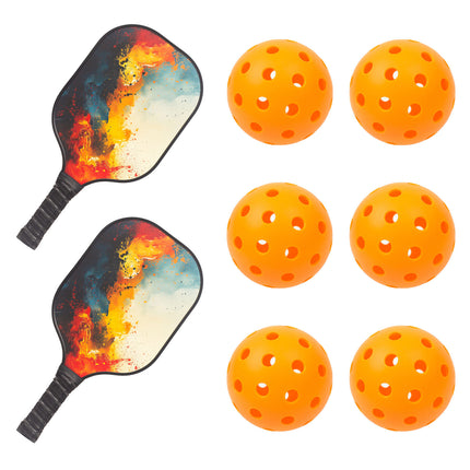 Pickleball Set with 6 Aerodynamic Balls and 2 Fiberglass Paddles.