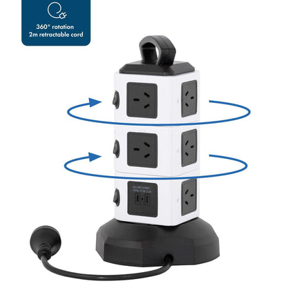 Tower Power Board with 10 Outlets + 2X USB A & 2X USB C.
