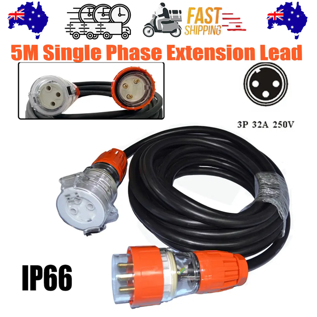 32 Amp 5m 3 Pin Extension Lead Single Phase 250V Rubber Cable Male/Female Plug.