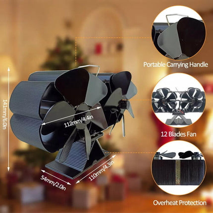 12 Blade Fan Heat Self-Powered Wood Stove Top Burner Fireplace Silent Eco Heater.