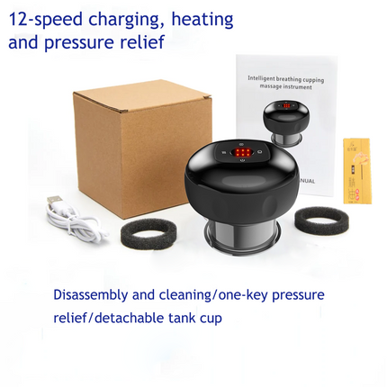 12 levels Electric Cupping Therapy Smart Scraping Massager Red Light Heating Body Slimming Black.