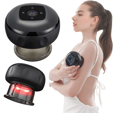 12 levels Electric Cupping Therapy Smart Scraping Massager Red Light Heating Body Slimming Black.