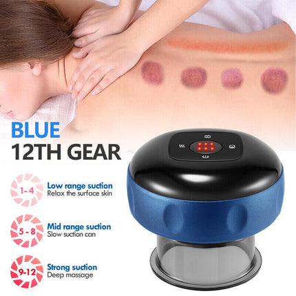 12 levels Electric Cupping Therapy Smart Scraping Massager Red Light Heating Body Slimming Blue.