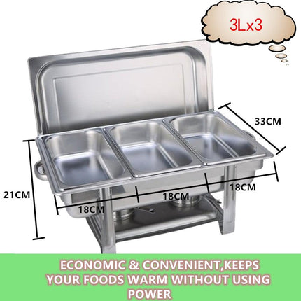 9L Chafing Dish Set Buffet Pan Bain Marie Bow Stainless Steel Food Warmer(3*3L).