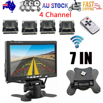 Wireless 4-Channel Split 7" Screen Monitor w/4 Reversing Camera Kit for Truck Trailer Bus.
